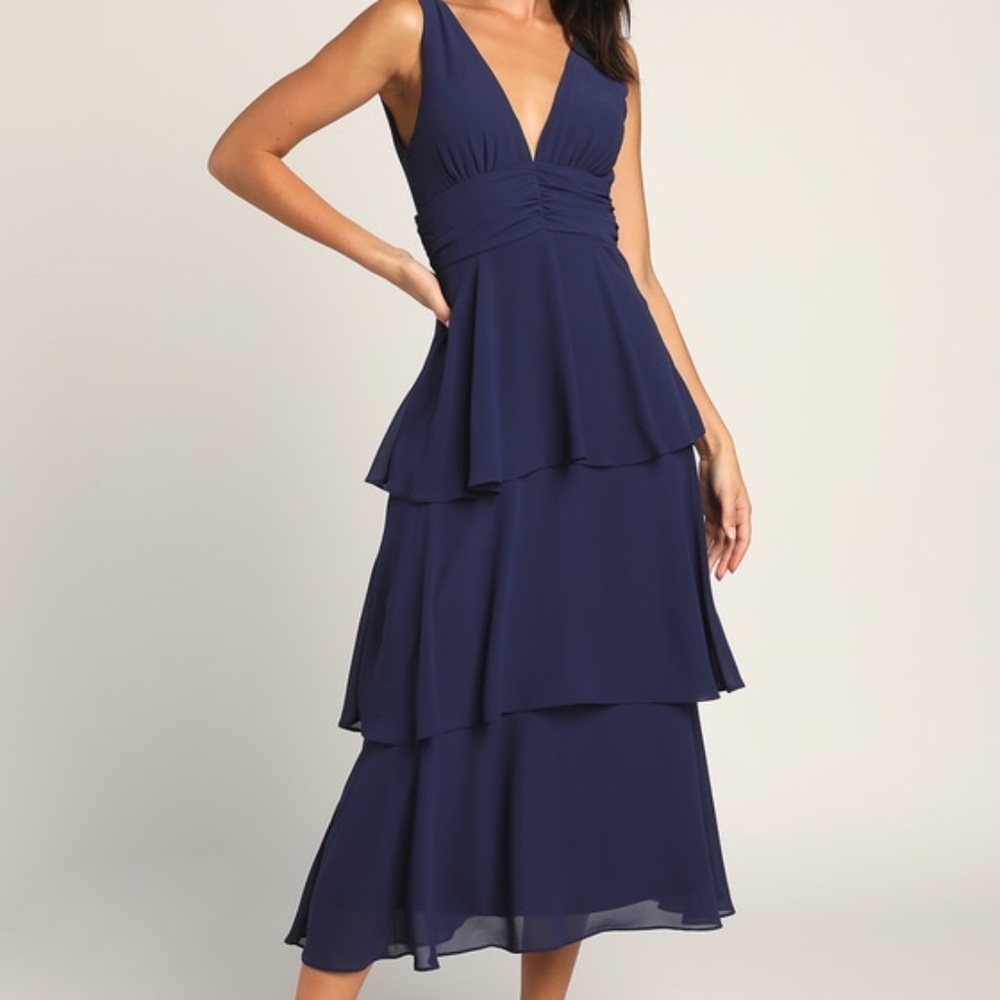 Lulus Celebration Time Navy Blue Sleeveless Tiered Midi Dress - Size S
